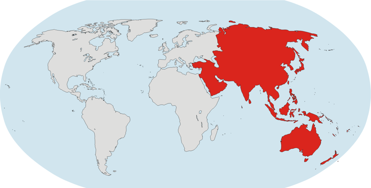 Mapa del globo con Asia y Oceanía coloreados